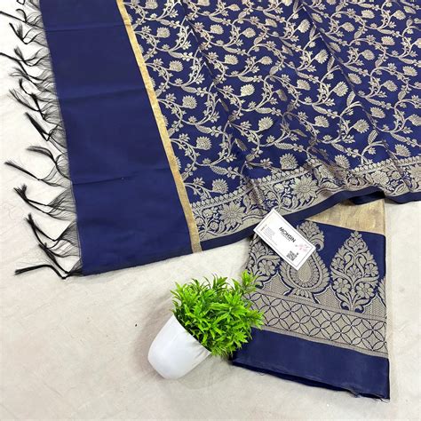 Beige and Navy Blue Kalgha Jaal Banarasi Silk Suit – Mohsin Textiles