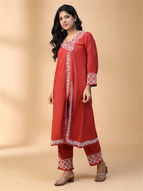 Hand Embroidered Cotton Angrakha style Lucknow Chikan Rust Red Kurta S ...