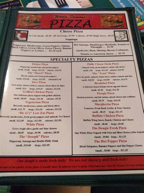 Menu at Bud Murphy's pizzeria, Connellsville