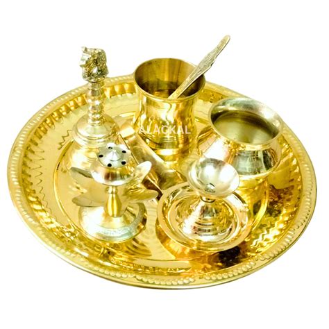 BRASS POOJA SET ( Thalam, Panchapathram, Bell with nandhi, Kalash pot ...