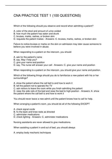 CNA PRACTICE TEST 1 (100 QUESTIONS) - CNA STATE - Stuvia US