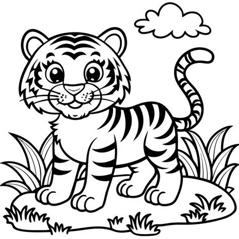 Cute cartoon tiger cub standing in grass with a cloud | Premium AI ...