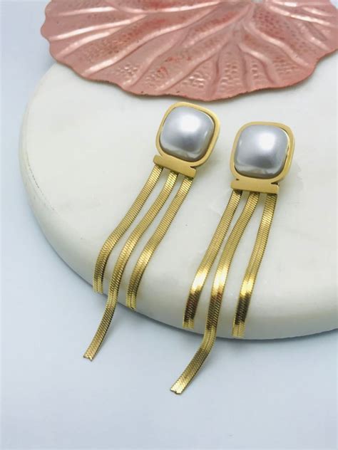 Buy Rectangular Pearl Studded Long Snake Chain Hanging Earrings – All ...