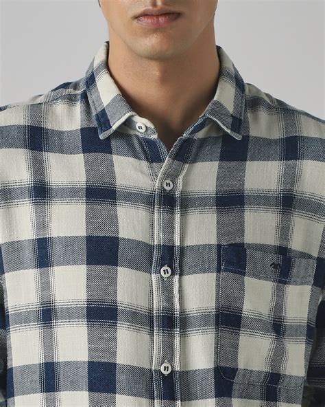 Buy Mid Blue Denim Check Slim Fit Casual Shirt Online at Muftijeans