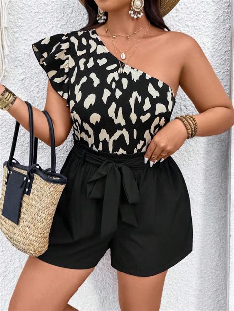 SHEIN VCAY Plus Size Casual Two-Piece Set: Leopard Print One-Shoulder ...