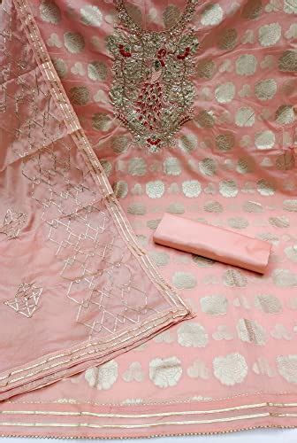 Buy Blissta Women's Peach Banarasi Jacquard Hand Work Dress Material ...