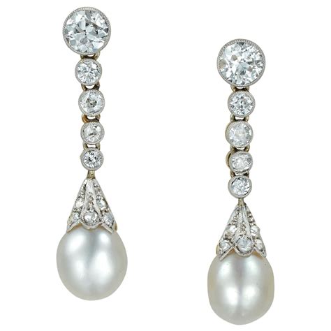 Pair of Diamond and Pearl Drop Earrings For Sale at 1stDibs