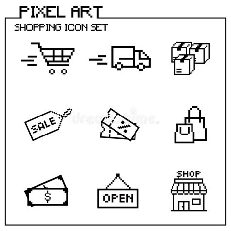 Shopping Icon Set Pixel Art 8bit Style Stock Vector - Illustration of ...