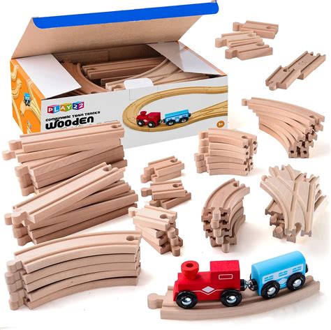 Amazon | Wooden Train Tracks - 52 PCS Wooden Train Set + 2 Bonus Toy ...