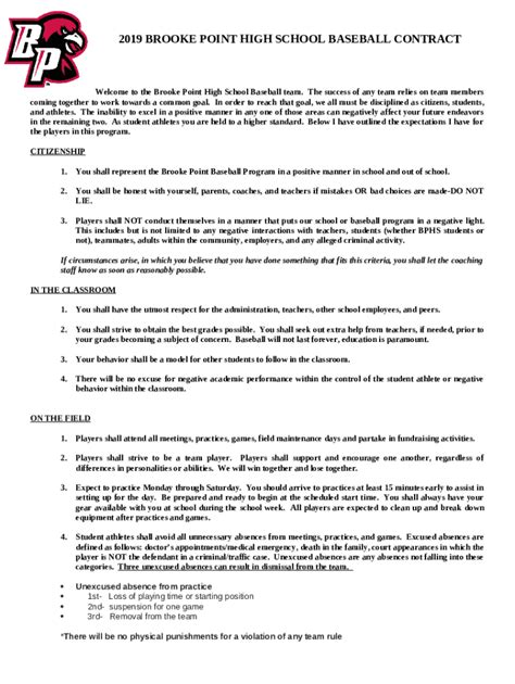 PLATTSBURGH HIGH SCHOOL VARSITY BASEBALL CONTRACT Doc Template | pdfFiller