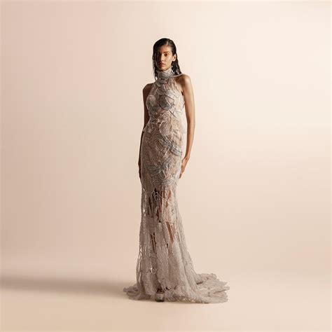 3D HIGH HALTER NECK TOP WITH EMBELLISHED SKIRT WITH TRAIL – Abhishek Sharma