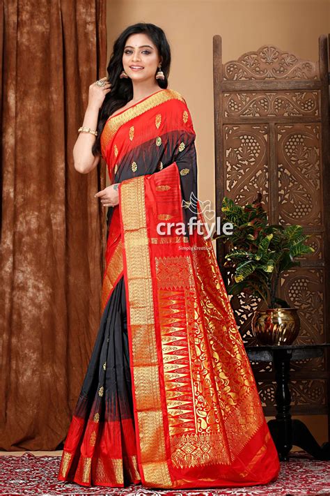 Elegant Ebony Black and Red Kanjivaram Silk Saree – Craftyle