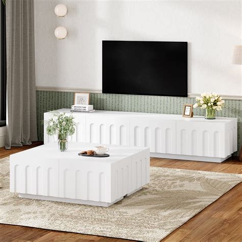 ON-TREND Elegant TV Stand & Coffee Table Set of 2, Multi-Functional ...