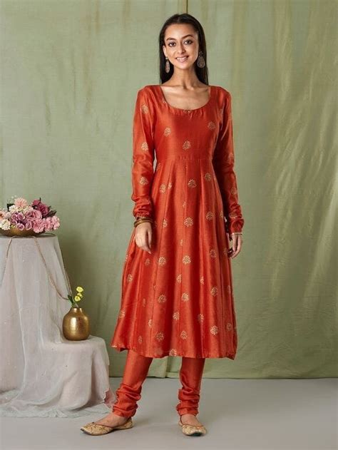 Buy Rust Hand Block Printed Chanderi Embroidered Kurta with Scalloped ...