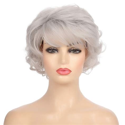 Short Curly Grey Hair Old Lady Wig with Bangs Natural Synthetic Hair ...