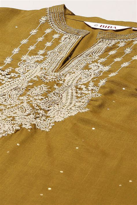 Olive Green LIVA Straight Printed 2 Piece Set Kurta, Palazzo at Biba Global