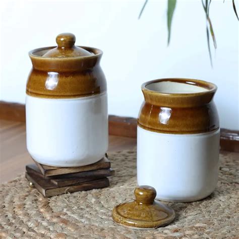 Lyallpur Stores Set Of 2 White Multipurpose Ceramic Jar Set For Pickles ...