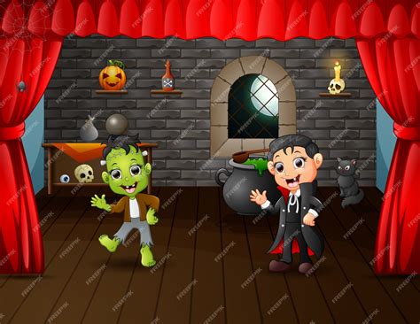 Premium Vector | Cartoon of frankenstein and vampire on stage