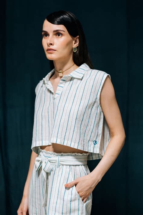 Blue and white striped crop top , collared, sleeveless : Mrinmoyee ...