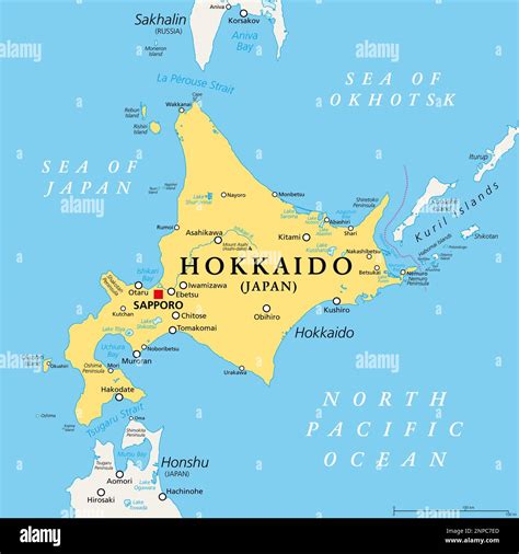 Hokkaido, second largest island of Japan, political map, with capital ...