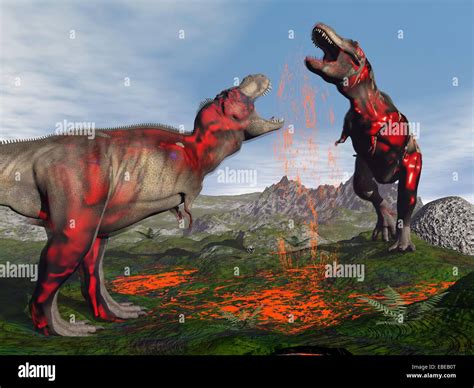 Two tyrannosaurus rex dinosaurs fighting to blood in nature Stock Photo ...