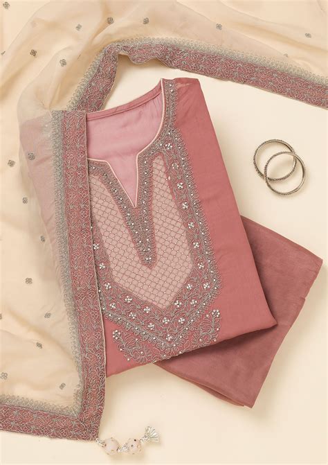Buy Onion Pink Zariwork Semi Crepe Unstitched Salwar Suit - Koskii
