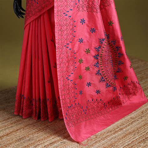 Pink Bengal Hand Embroidered Silk Nakshi Kantha Saree