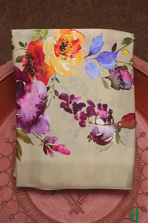 Floral Printed Design Dusty Khaki Satin Crepe Saree – Sundari Silks