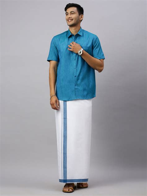 Ramraj Men Peacock Blue Matching Border Dhoti & Half Sleeves Shirt Set CV6