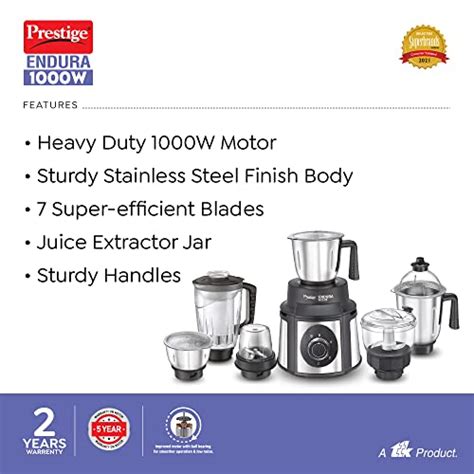 Prestige Endura 1000W Mixer Grinder, 6 Jars (1500 ml, 1000 ml, 1500 ml ...