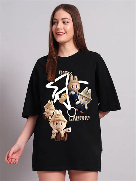 WOMEN'S LABUBU GANG PRINTED OVERSIZED T-SHIRT (BLACK)