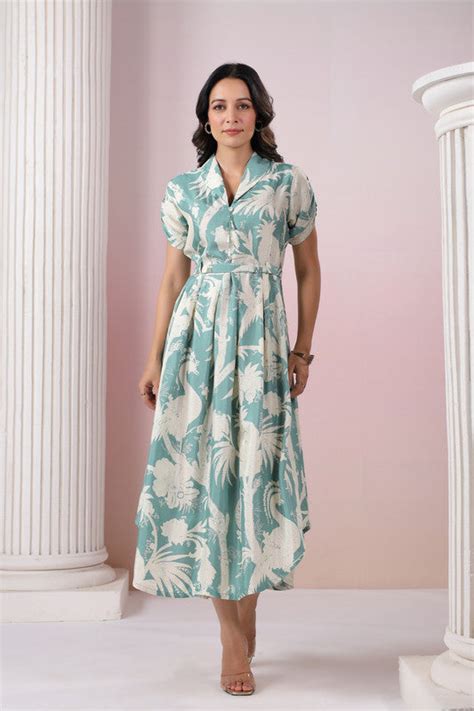 Elegant Pastel Green Leaf Print Midi Russian Silk Dress