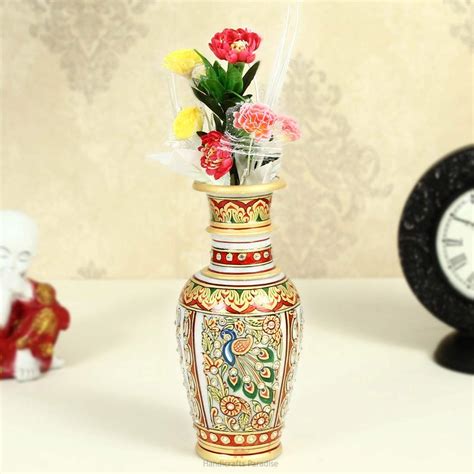 Buy Marble Flower Vase with Beautiful Peacock Design and kundan Work by ...