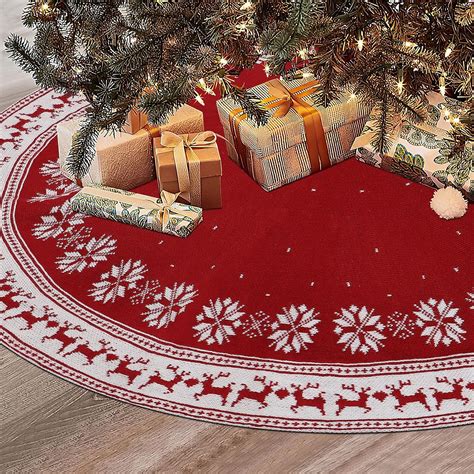 Dremisland Christmas Tree Skirt Rustic Christmas Tree Mat with Snowflake Reindeer Red Knitted ...