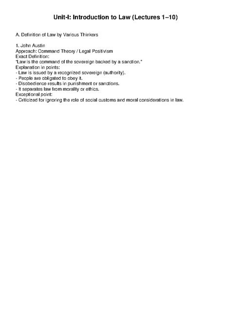 Unit-I Introduction to Law - Definition of Law by Various Thinkers John ...