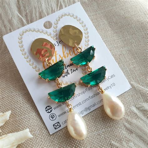 Emerald Green Crystal Drop Earrings, Emerald Earrings, Pearl Art Deco ...