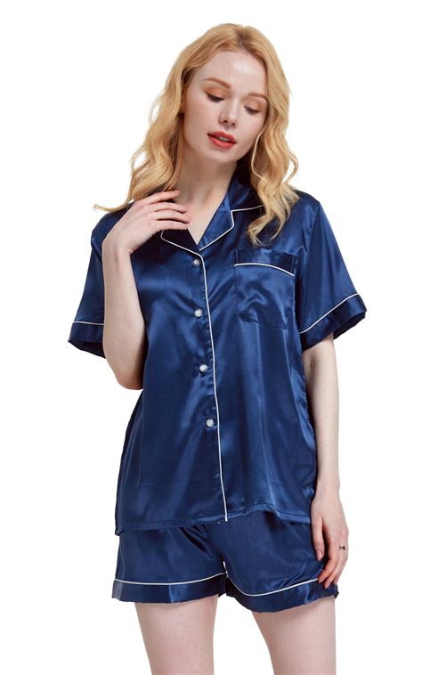 Women's Silk Satin Pajama Set Short Sleeve- Navy Blue with White Pipin ...
