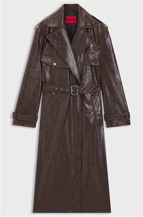 HUGO - Long-length relaxed-fit trench coat in faux leather - Dark Brown