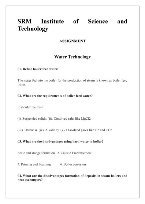 Water Technology Assignment - SRM Institute of Science and Technology ...