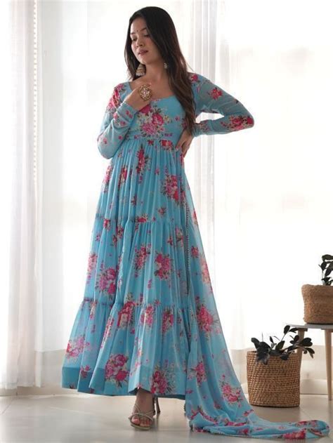 Buy Sky Blue Embroidery Georgette Sharara Suit At Ethnic Plus