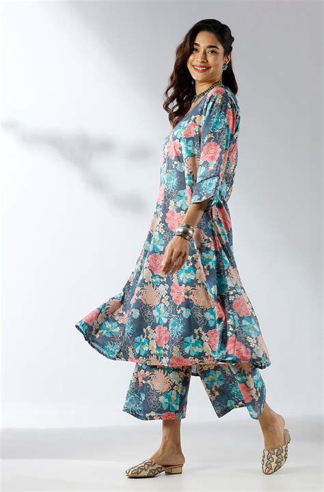 Dark Blue Printed Two Piece Set - Ishnya
