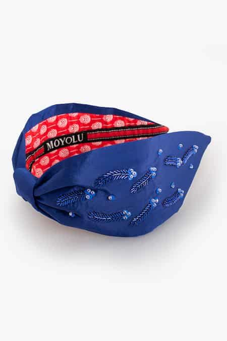 Buy Blue Embroidery Feathered Bliss Heaband by Moyolu Online at Aza ...