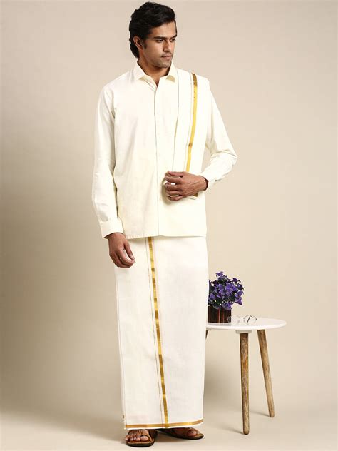 Ramraj Mens Full Sleeves Cream Shirt with Gold Jari 1/2" Double Dhoti ...
