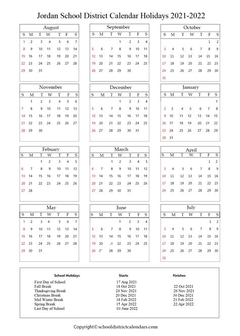 Jordan District Calendar