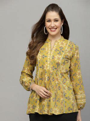 Buy QOMN Mustard Floral Print Lace Insert Cotton Top Online