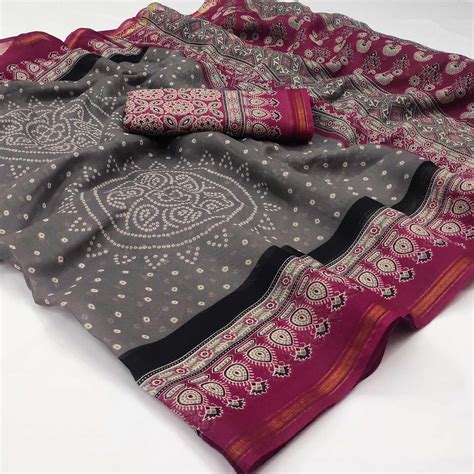 Grey-Pink Bandhani Printed Cotton Blend Saree