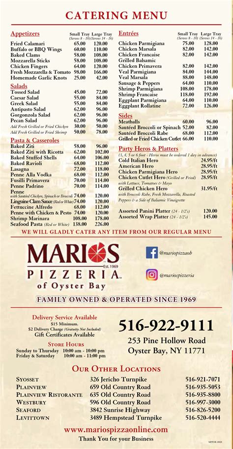 Oyster Bay Menu - Marios Pizzeria Online