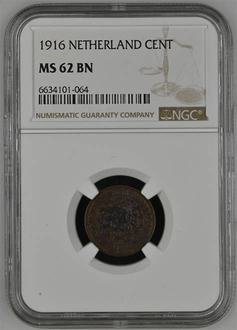 Koningin Wilhelmina 1 cent 1916 MS62 Brown NGC gecertificeerd (pop 5/10 ...