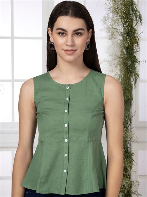 Olive Cotton Flax Panelled A-Line Top with Button-Down Placket ...