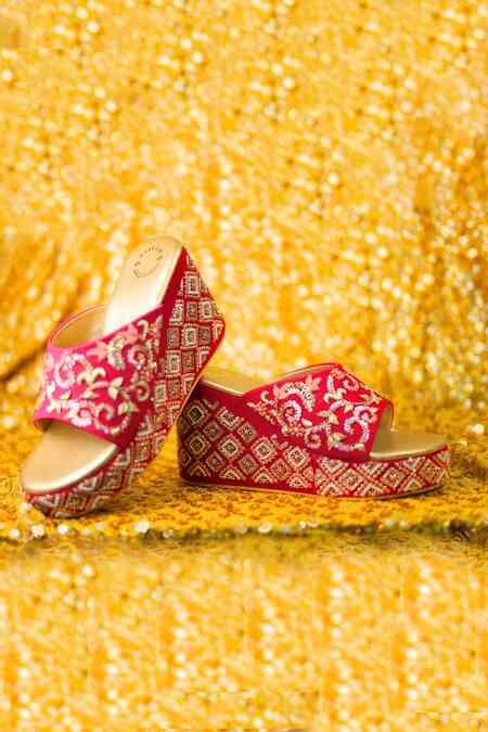 Buy Pink Embroidered Velvet Wedges by Rajasthani Stuff Online at Aza ...